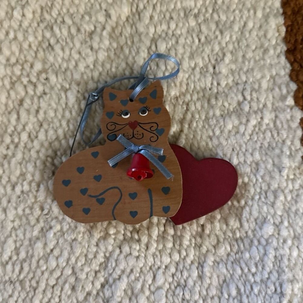 Kurt Adler VTG Wooden Cat Kitten Heart Ornament Hand Painted Cottagecore
